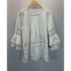 Mi Golondrina Tunic Top LG Long Bell Sleeve White Pin Tucked Crochet